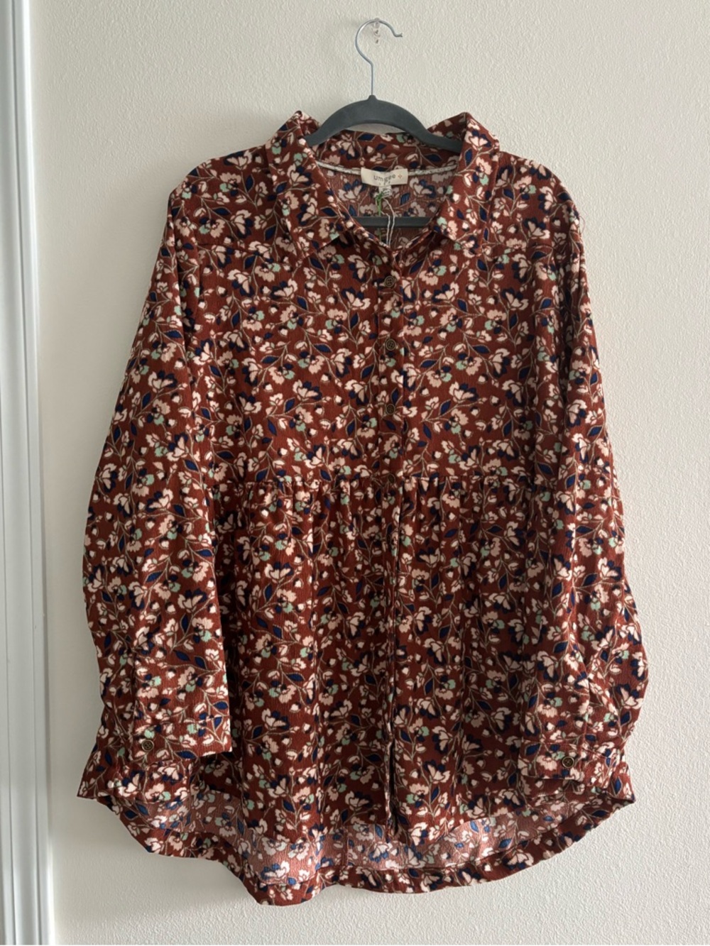 NWT Umgee Brown Corduroy Floral Print Tunic Babydoll Blouse 1XL